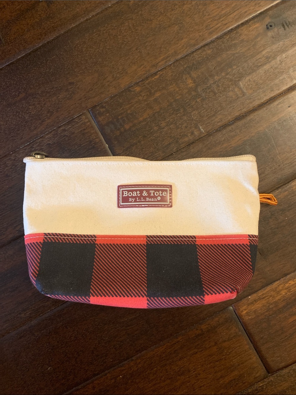 L.L.Bean Cream Canvas Pouch with Red and Black Plaid Base